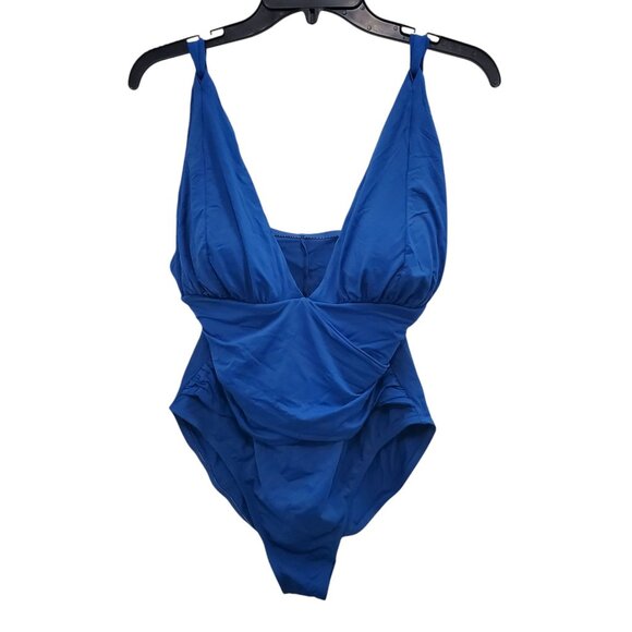 La Blanca Woman's Blue Ruched Wrap Front One Piece Bathing Suit Plus Size 14 - Picture 1 of 7